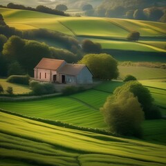 A tranquil countryside scene with rolling hills and a farmhouse2