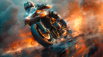 A motorcycle rider on a red motorcycle moving fast Fantasy concept