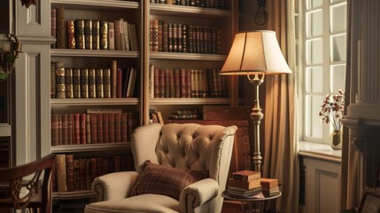 A cozy reading nook complete with a plush armchair bookshelves filled with leatherbound books and an oversized floor lamp for optimal reading conditions.