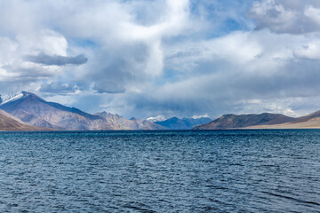 Crystal clear waters of Pangong Lake, the highest elevation saltwater lake in the world, located on...