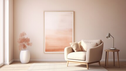 A serene room bathed in soft terracotta hues, showcasing a minimalist beige chair beside a blank frame on a subtle-toned wall (4)