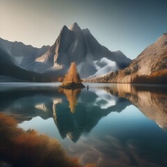 A serene mountain lake reflecting the surrounding peaks, a clear blue sky, and a rowboat4