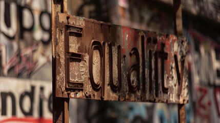 A rusted and weathered Equality sign against a backdrop of diverse cultural symbols, symbolizing the ongoing struggle for equal rights and opportunities for all individuals