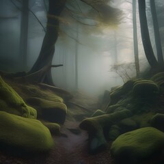 A mystical foggy forest with twisted trees, moss-covered rocks, mist, and a full moon1