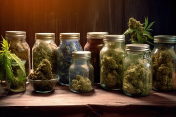 Diverse Strains of Medical Cannabis in Glass Jars