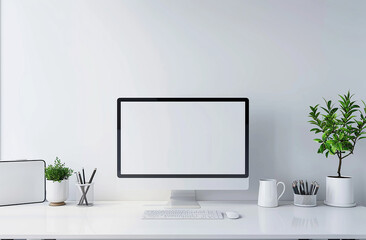 Home office desk. Minimalist workspace. Mock