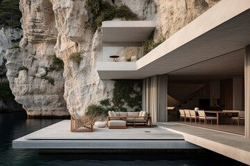 Waterfront Modern Villa with Minimalist Aesthetic on Cliffside with Floating Patio