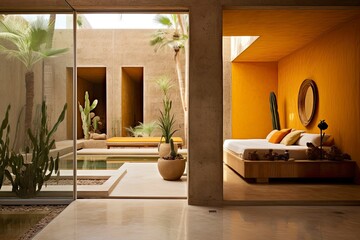 Eco Friendly Modern Bedroom with Warm Orange Accents and Cacti