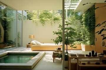 Spa Wellness Bedroom Overlooking a Lush Garden View with Soaking Pool