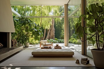 Eco Conscious Living Space with Lush Garden View and Soft White Bench