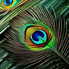Obraz premium A close-up of a peacock feather showing intricate patterns and vibrant colors5