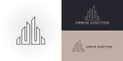 Abstract initial building letter UJ or JU logo in black color isolated on multiple background colors. The logo is suitable for real estate property company icon logo design inspiration templates.