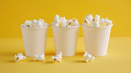White paper popcorn cups on yellow studio backdrop, ample copy space. Ai Generated