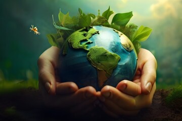 hand holding earth ,save the environment, ecology concept,  green energy concept ,  Sustainable Living , environmental  day , Earth day 