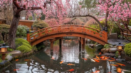 Spring Serenity: Japanese Garden with Cherry Blossoms, Koi Pond, Wooden Bridge, and Lanterns