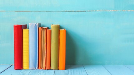 Colorful books stacked on table against light blue backdrop. Ai Generated