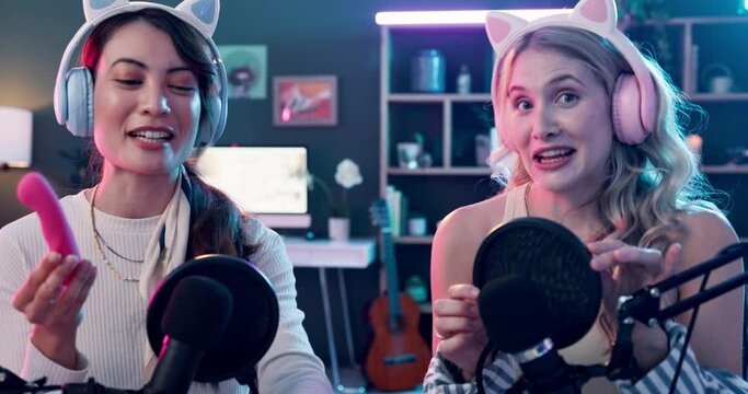 Woman, dildo and livestream for social media, video and advice for online app or network. Influencer, gen z and microphone for production, website and internet technology for film or broadcast