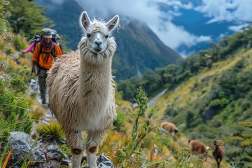 Obraz premium Llama trekking along a scenic trail with hikers, panoramic views, adventure vibe,