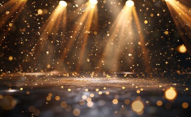 A background with three golden spotlights shining down on the stage, surrounded by small dots of light that give it an elegant and glamorous feel