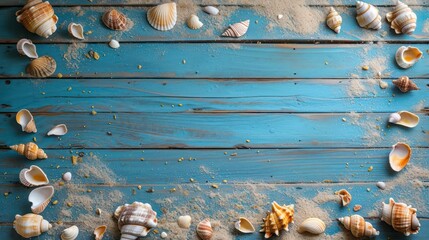 Sand and shells on the wooden floor of the blue,summer concept