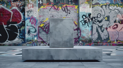 A grey box sits on a grey stone slab in front of a wall covered in graffiti