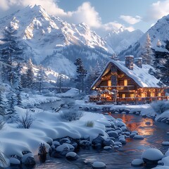 Cozy cabin retreat nestled in a snowy mountain landscape