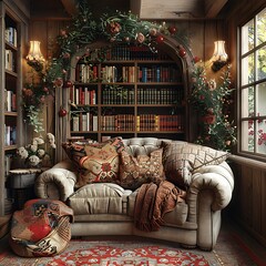 Cozy reading nook with a plush armchair, warm lighting, and a bookshelf filled with classics.