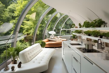 Contemporary Dome Living Space with Nature House Design and White Leather Couch