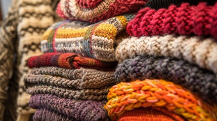 An assortment of knitted items such as scarves sweaters and hats all made with luxurious designer yarns displayed in a highend boutique.