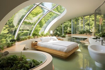 Modern Eco-Friendly Biodome Bedroom with Green View