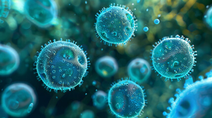 A high-resolution digital illustration showing detailed viruses against a dynamic blue background, emphasizing scientific visualization.