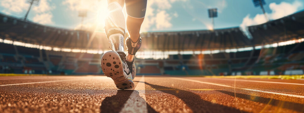 A paralympic runner with a prosthetic leg running on the track field in a panoramic shot with copy space area for text or product. In the style of motion photography.