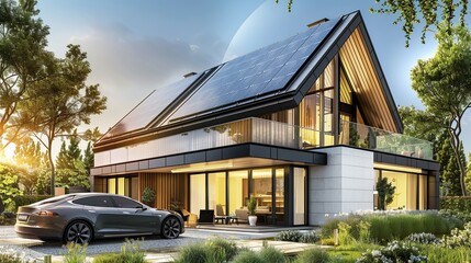 3D render of a modern house with solar energy panels and an electric car. Renewable energy concept. copy space for text.