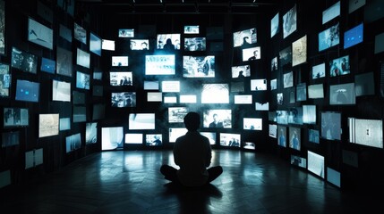 A solitary figure sitting in a darkened room, surrounded by flickering screens displaying endless streams of news and information