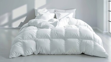 A bed with a white comforter and pillows. AI image. Comforter mockup. copy space for text.