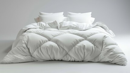 A bed with a white comforter and pillows. AI image. Comforter mockup. copy space for text.