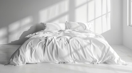 Fototapeta na wymiar A bed with a white comforter and pillows. AI image. Comforter mockup. copy space for text.