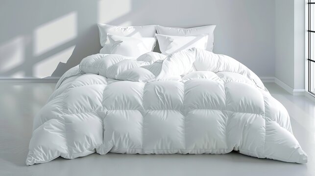 A bed with a white comforter and pillows. AI image. Comforter mockup. copy space for text.