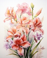 Delicate Iris Flower and Peruvian Lily in watercolor, capturing the essence of friendship with subtle red hues and asymmetrical green leaves ,  high-detail texture