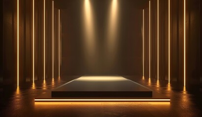A dark background with golden light rays, a rectangular stage in the center of which there is an empty podium, on both sides of it glowing LED lights