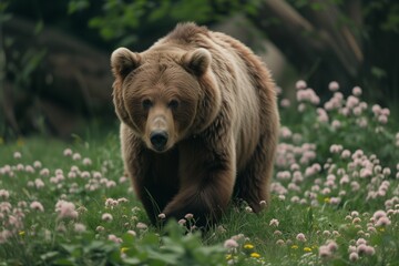Fototapeta premium A bear walks through a field with small flowers