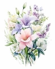 Watercolor painting of a summer bouquet, symbolizing growth and beauty, with pale sage to deep forest green leaves enhancing the composition ,  against pur white background