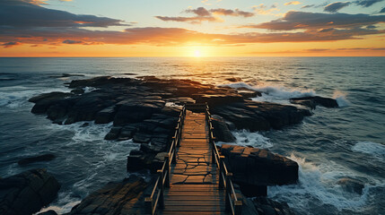 Obraz premium A Flat Sea Sunset Horizon With Rock Stones and Sky With Clouds Seascape Background