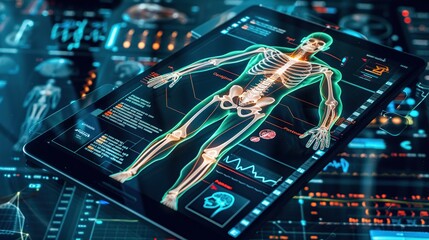 A sophisticated medical tablet showcases a transparent human body with detailed anatomy and health data overlays. copy space for text.