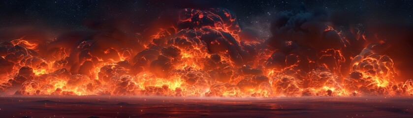 A fiery, orange sky with clouds and stars