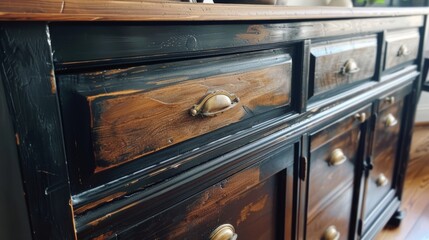An old faded cabinet transformed with new brass hardware and a coat of glossy stain.