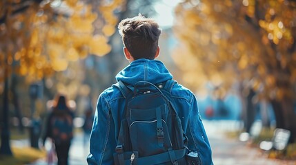 Back to school, Back of college student with backpack while going to university by walking from street, teenager in campus, education background. copy space for text.