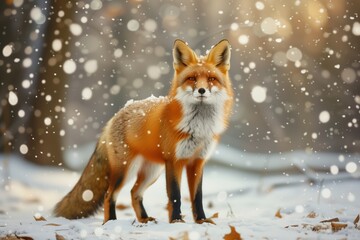 fox admires a beautiful Christmas tree with lights in a snowy forest