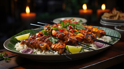 Delicious Grilled Meat Stick Skewers With Salad and Sauce On Defocused Background