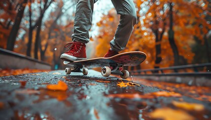 Naklejka premium Urban skateboarder performing tricks on a concrete park, dynamic, gritty urban setting,